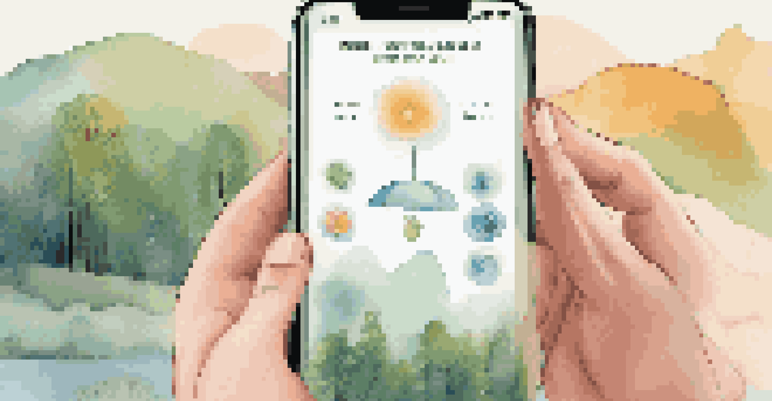 A hand holding a smartphone with a mental health app, set against a peaceful nature background.