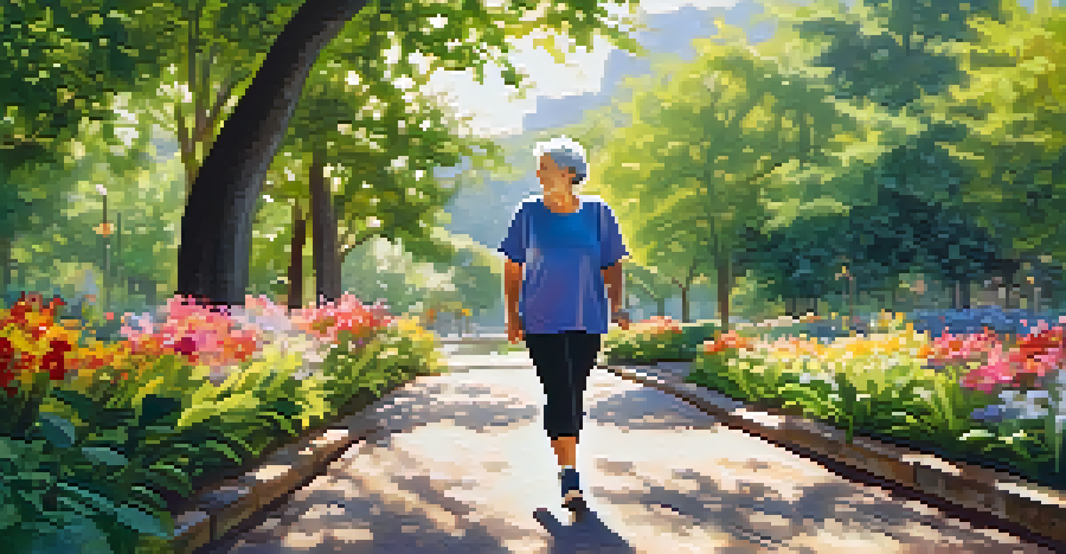 A person walking in a park, surrounded by greenery, promoting the benefits of exercise for reducing inflammation.