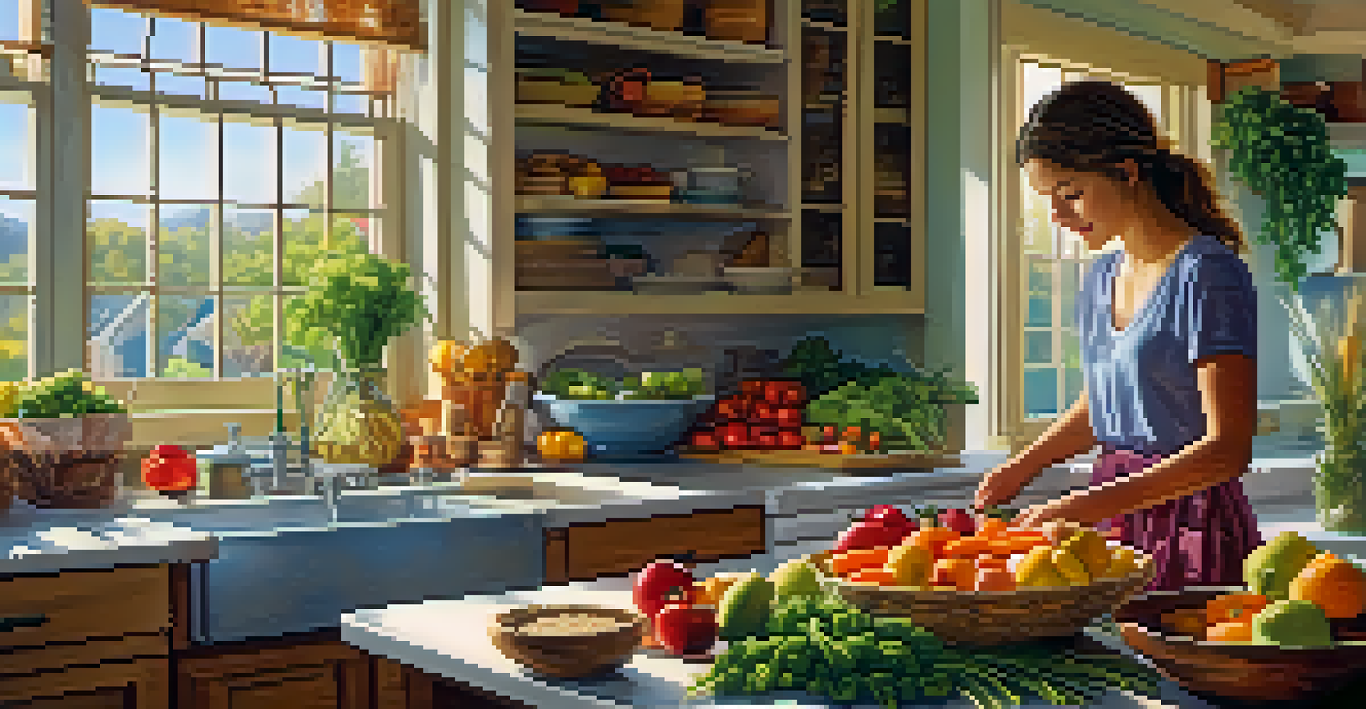 A bright kitchen where a person is preparing a healthy meal with fresh vegetables and fruits.