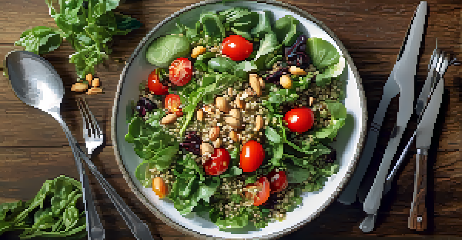 An overhead view of a colorful salad bowl with leafy greens, cherry tomatoes, nuts, and quinoa, set on a rustic wooden table with natural lighting.