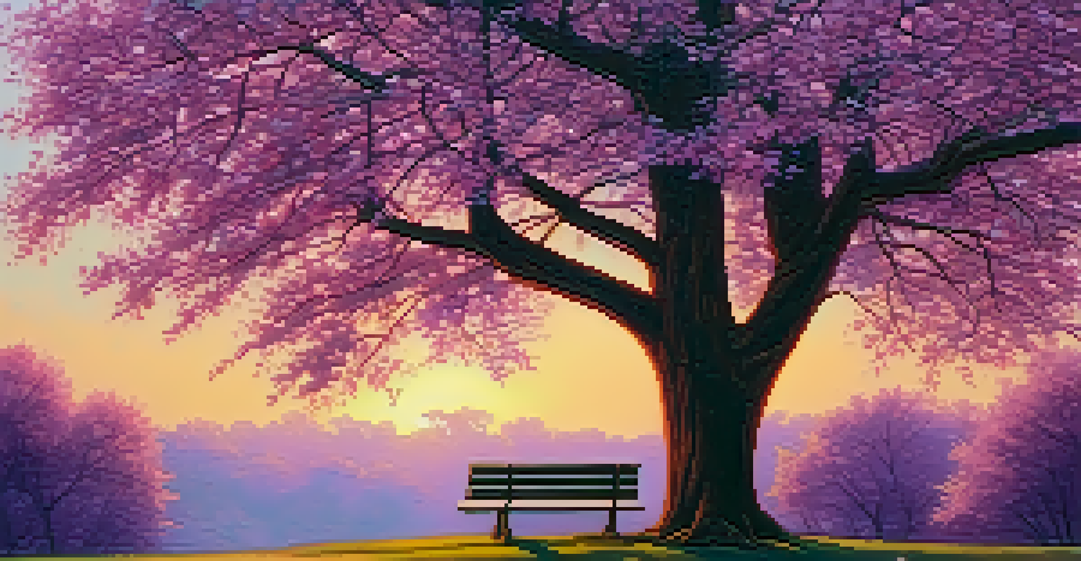 A tranquil park scene at dusk with a bench under a tree and a pastel sky.