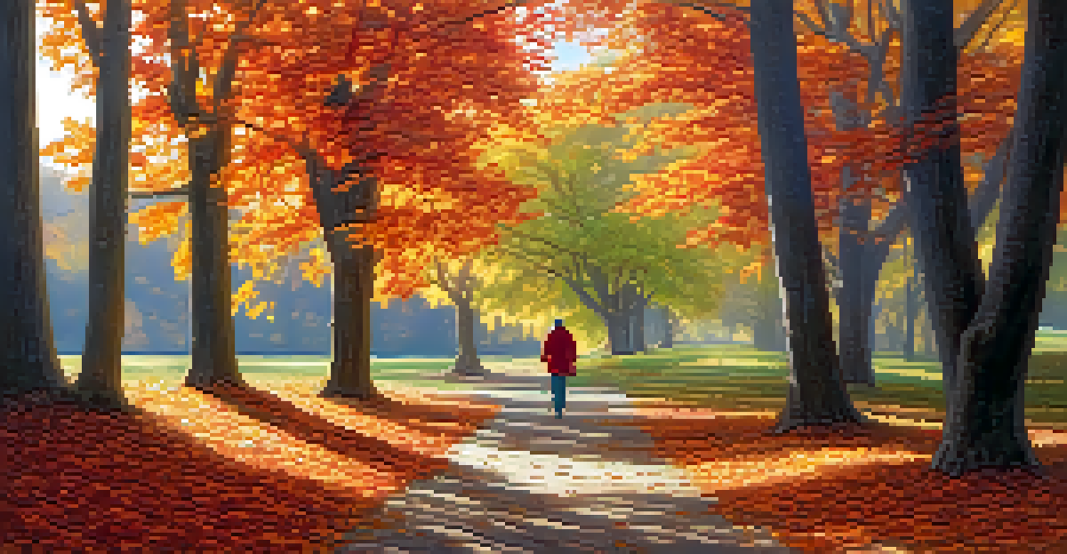 A person walking on a nature trail covered with autumn leaves, surrounded by colorful trees and soft sunlight.
