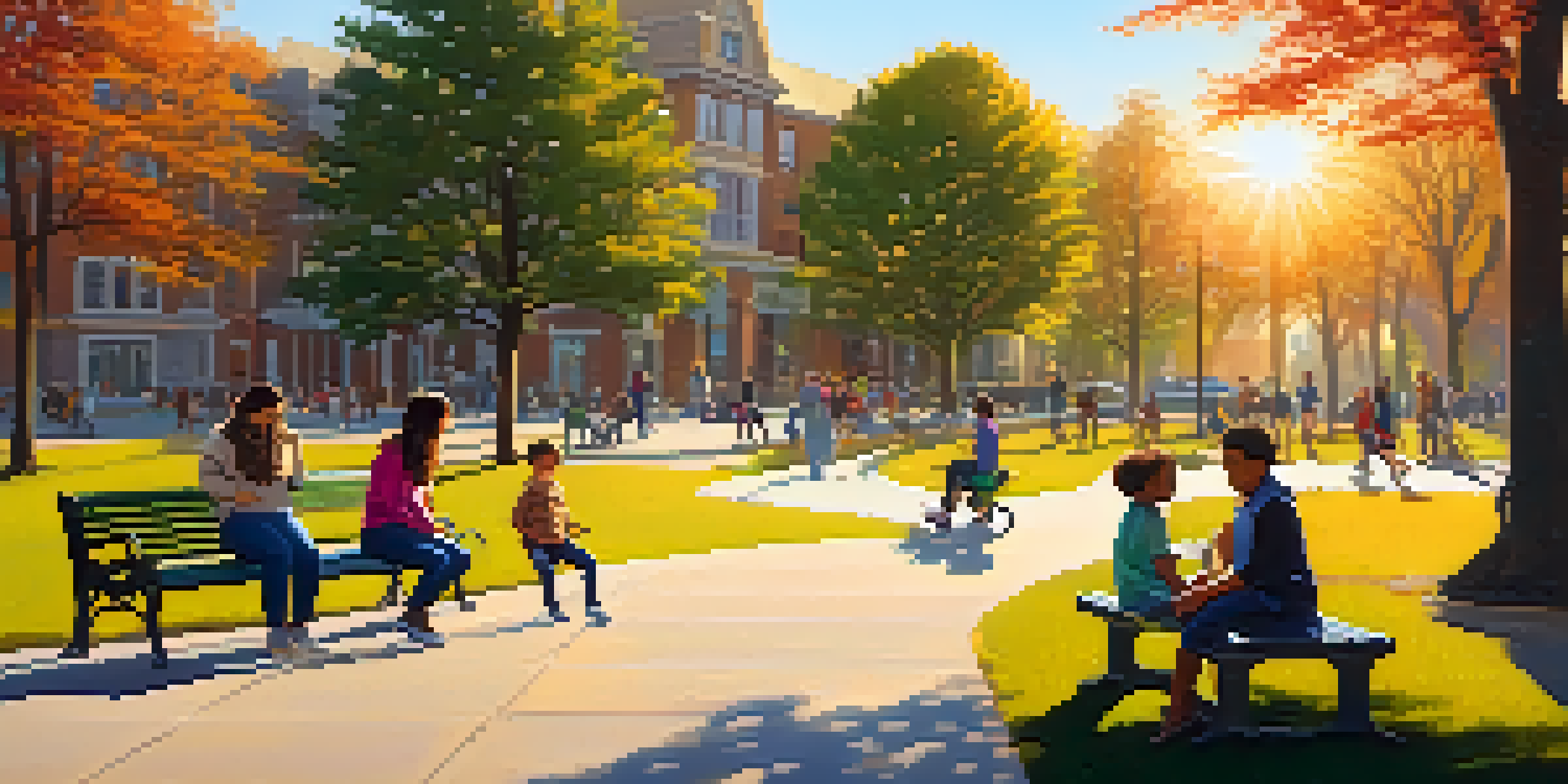 A warm and inviting community park filled with diverse people engaging in activities, illuminated by golden hour sunlight.