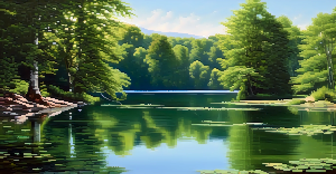 A peaceful lake with green trees and a clear blue sky, reflecting sunlight.