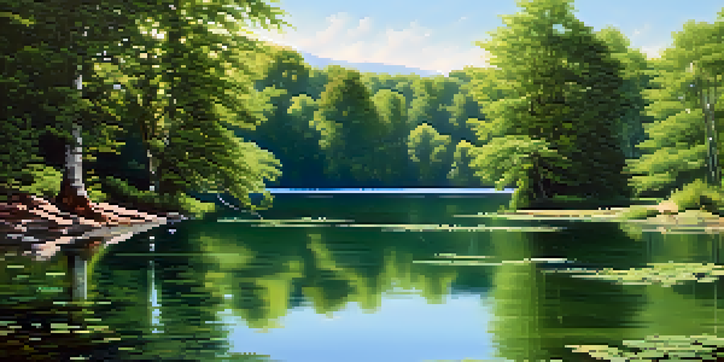A peaceful lake with green trees and a clear blue sky, reflecting sunlight.