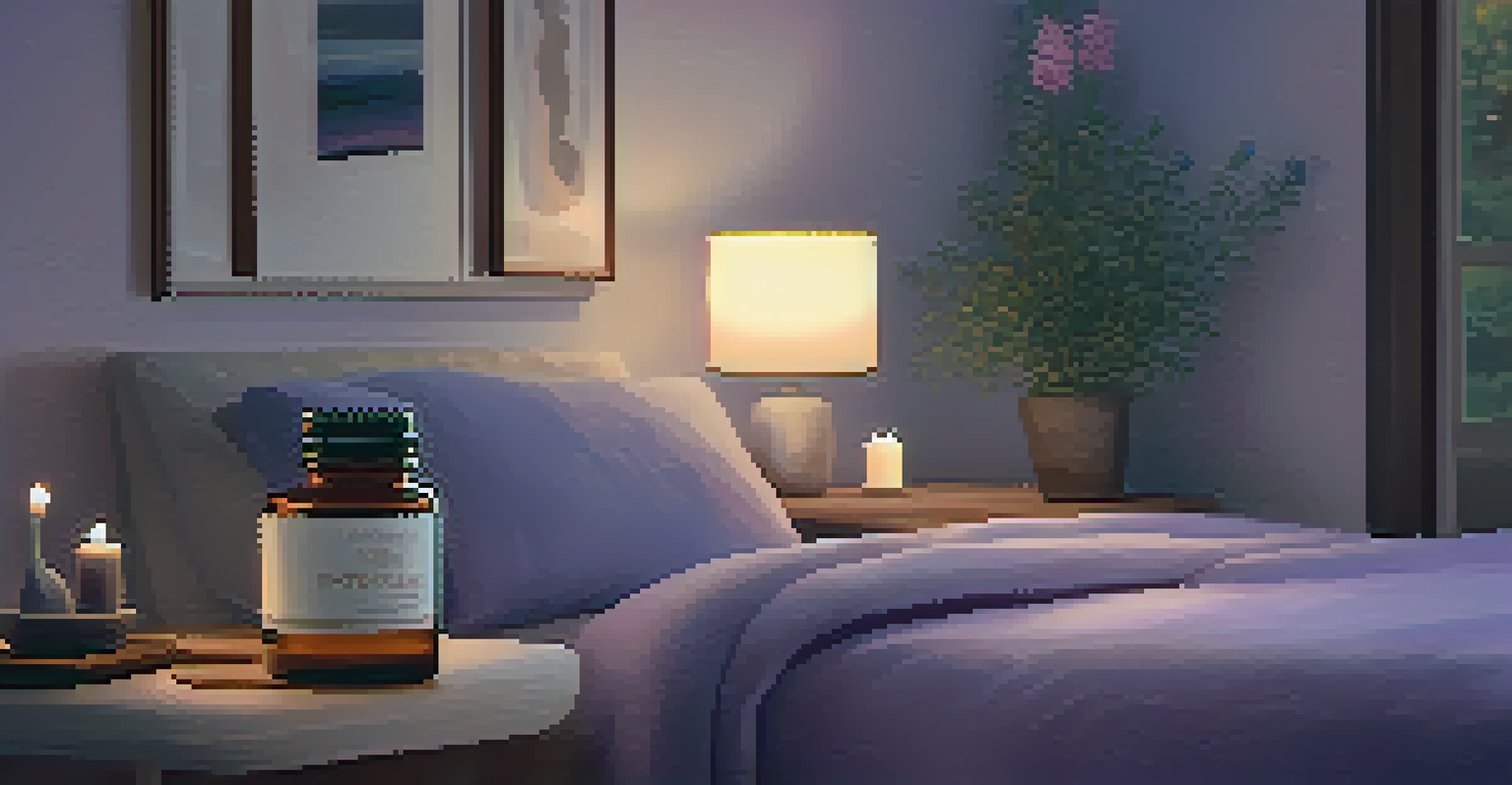 A cozy bedroom with a roll-on essential oil, a lit candle, and a lavender pillow, designed for relaxation.