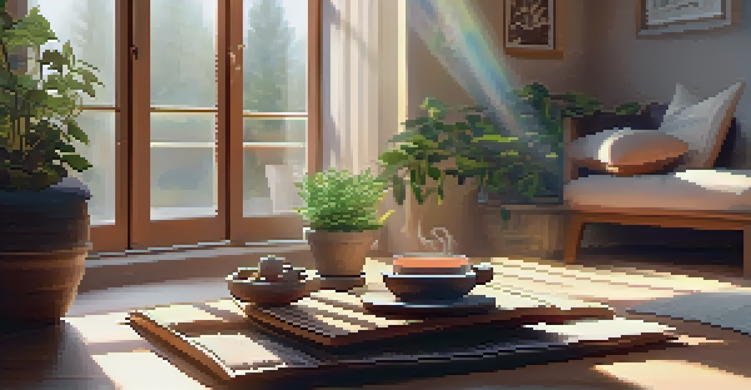A peaceful living room corner where a person is meditating, with soft cushions and a cup of tea nearby.
