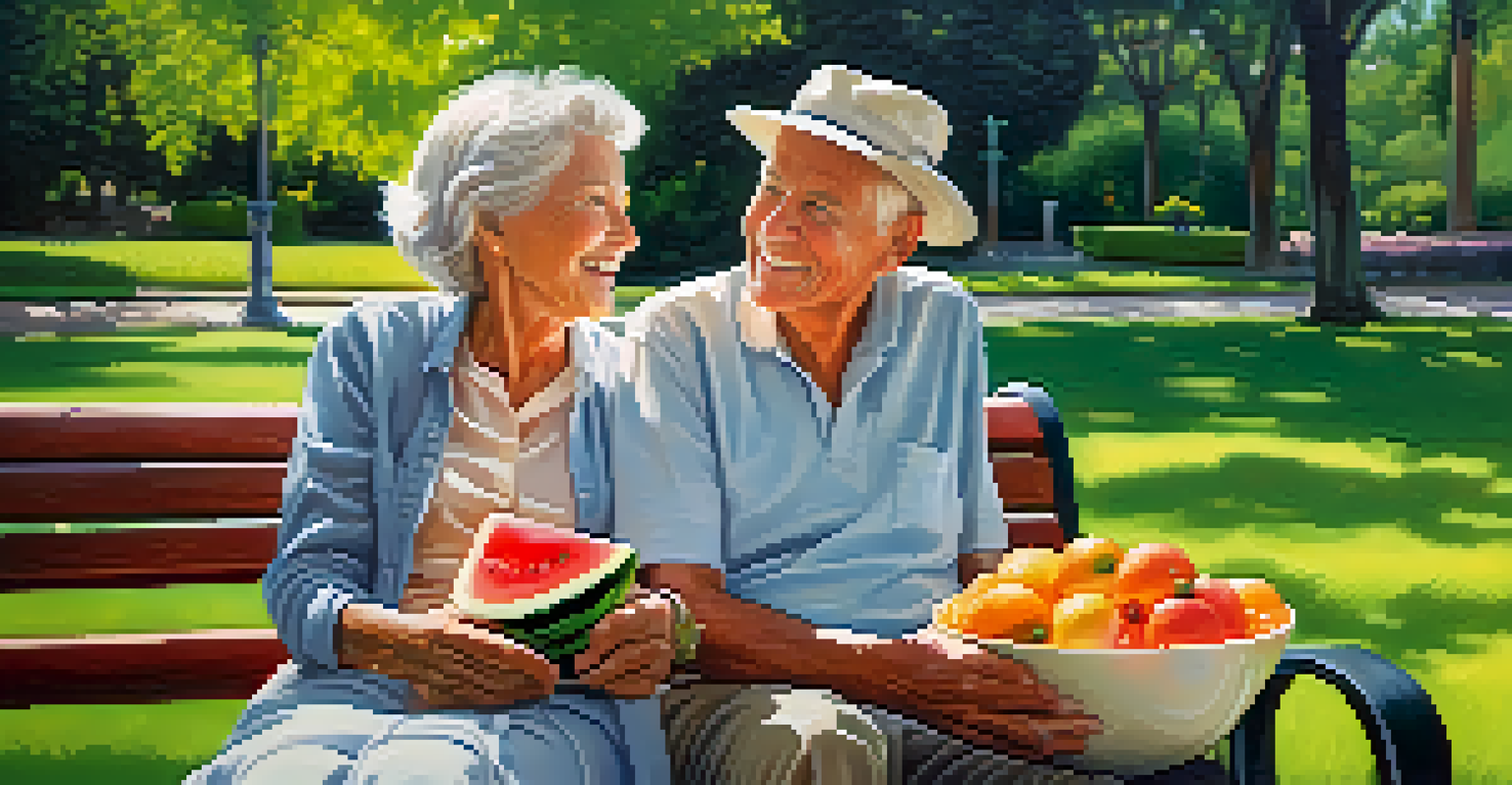 An elderly couple sharing fruits in a green park on a sunny day, promoting health and hydration.