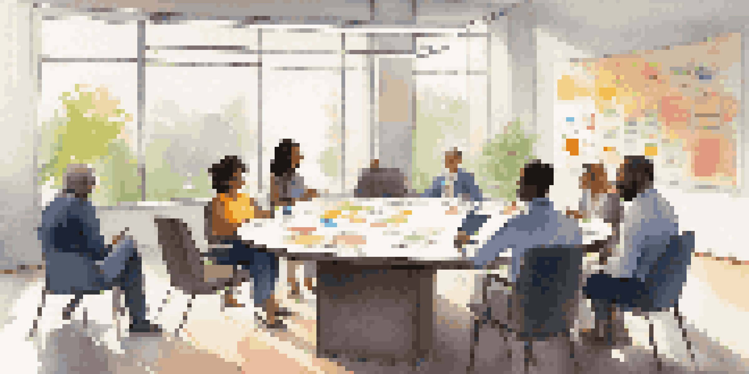 A diverse group of employees engaged in a feedback session around a round table in a well-lit office with a whiteboard in the background.