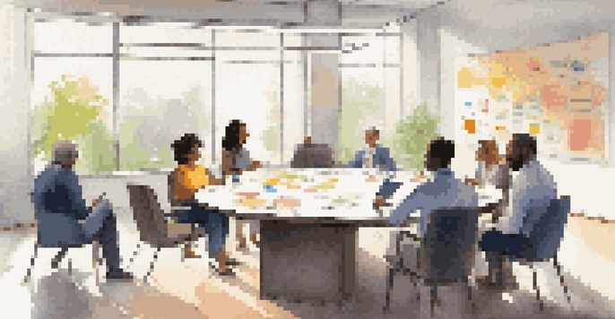 A diverse group of employees engaged in a feedback session around a round table in a well-lit office with a whiteboard in the background.