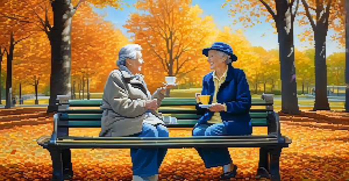 An elderly couple enjoying a conversation on a park bench surrounded by autumn leaves.