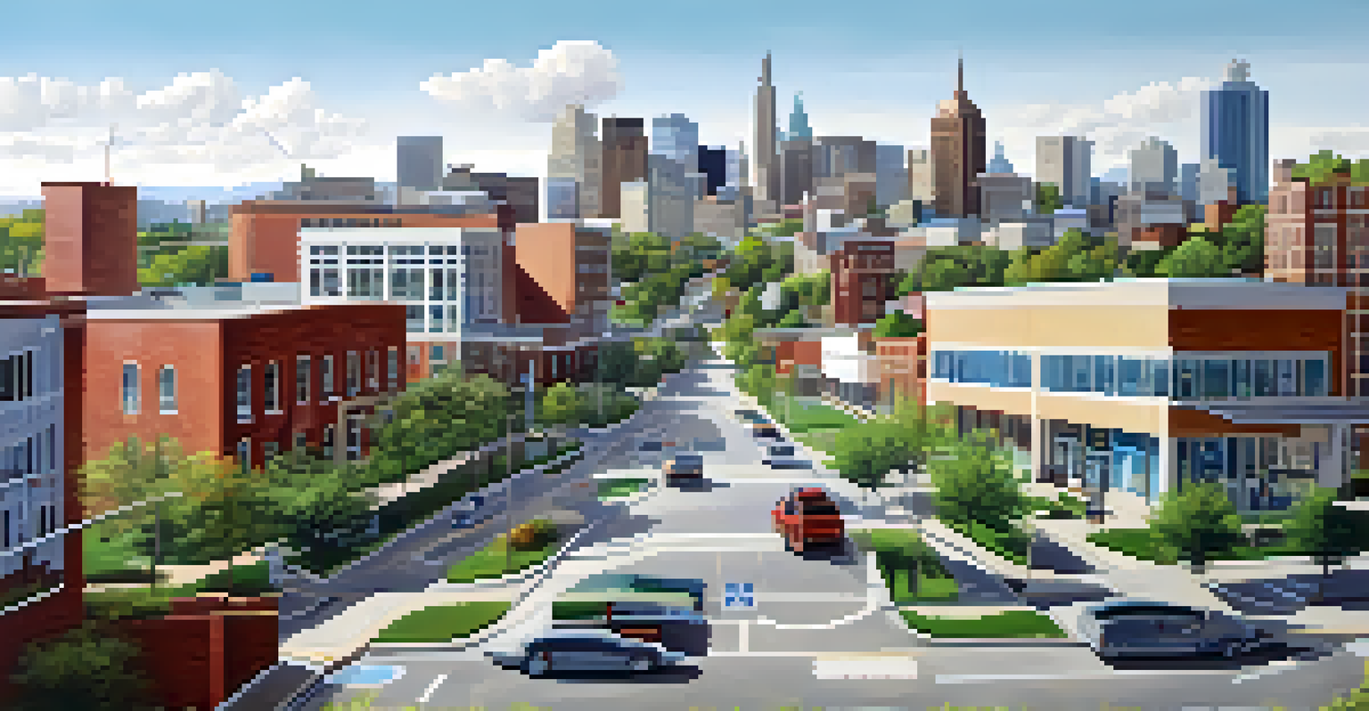 A cityscape depicting contrasting healthcare access in urban and rural areas, highlighting the differences in availability with bridges symbolizing health equity.