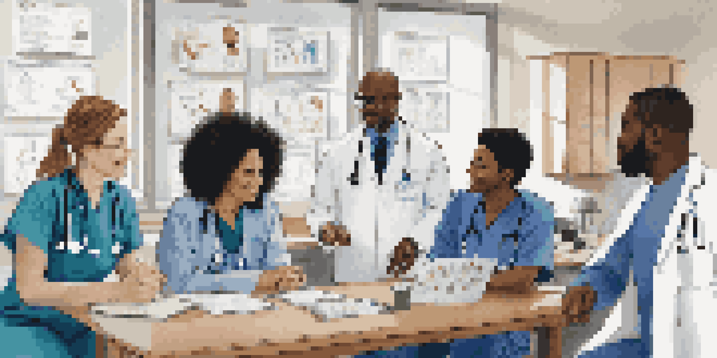 A diverse group of healthcare professionals discussing rehabilitation strategies in a clinic, with motivational health equity posters and medical equipment around them.
