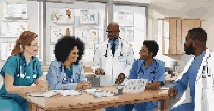 A diverse group of healthcare professionals discussing rehabilitation strategies in a clinic, with motivational health equity posters and medical equipment around them.