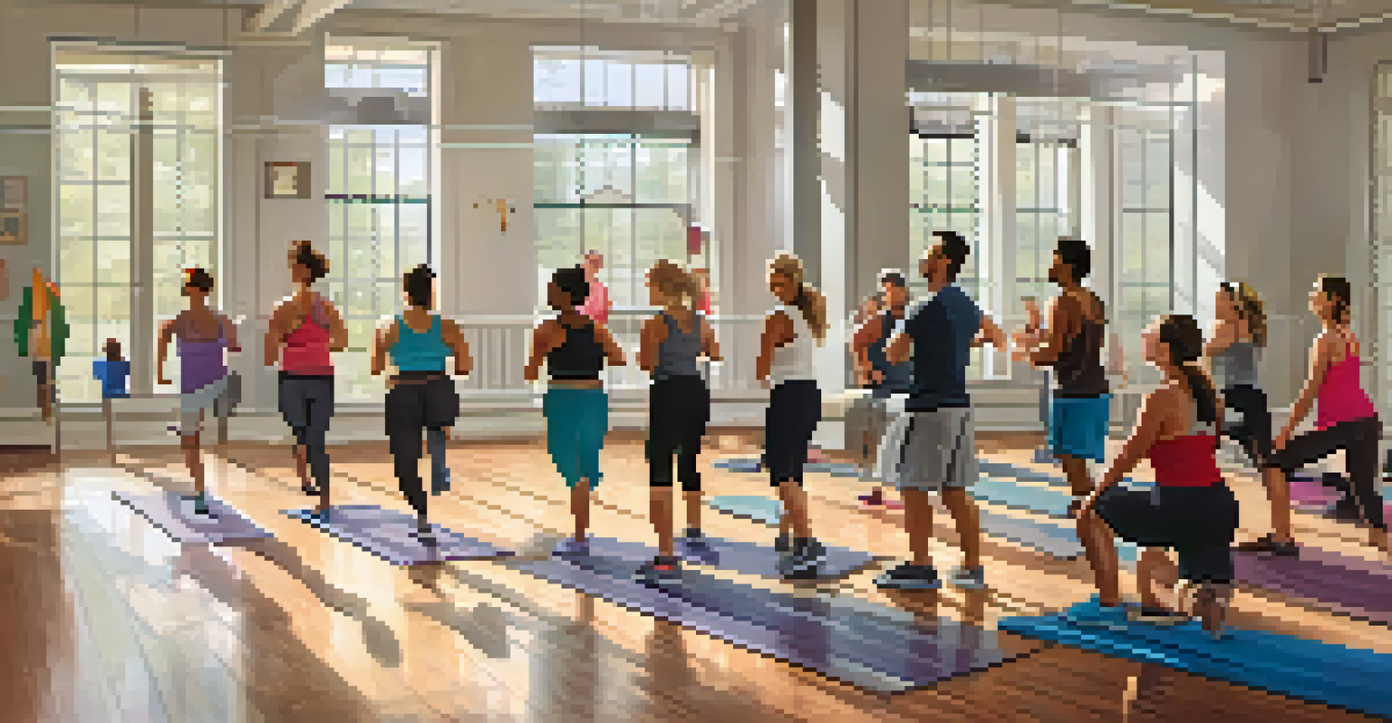 A group of friends enjoying a lively fitness class together in a well-lit room, creating a supportive and motivational environment.