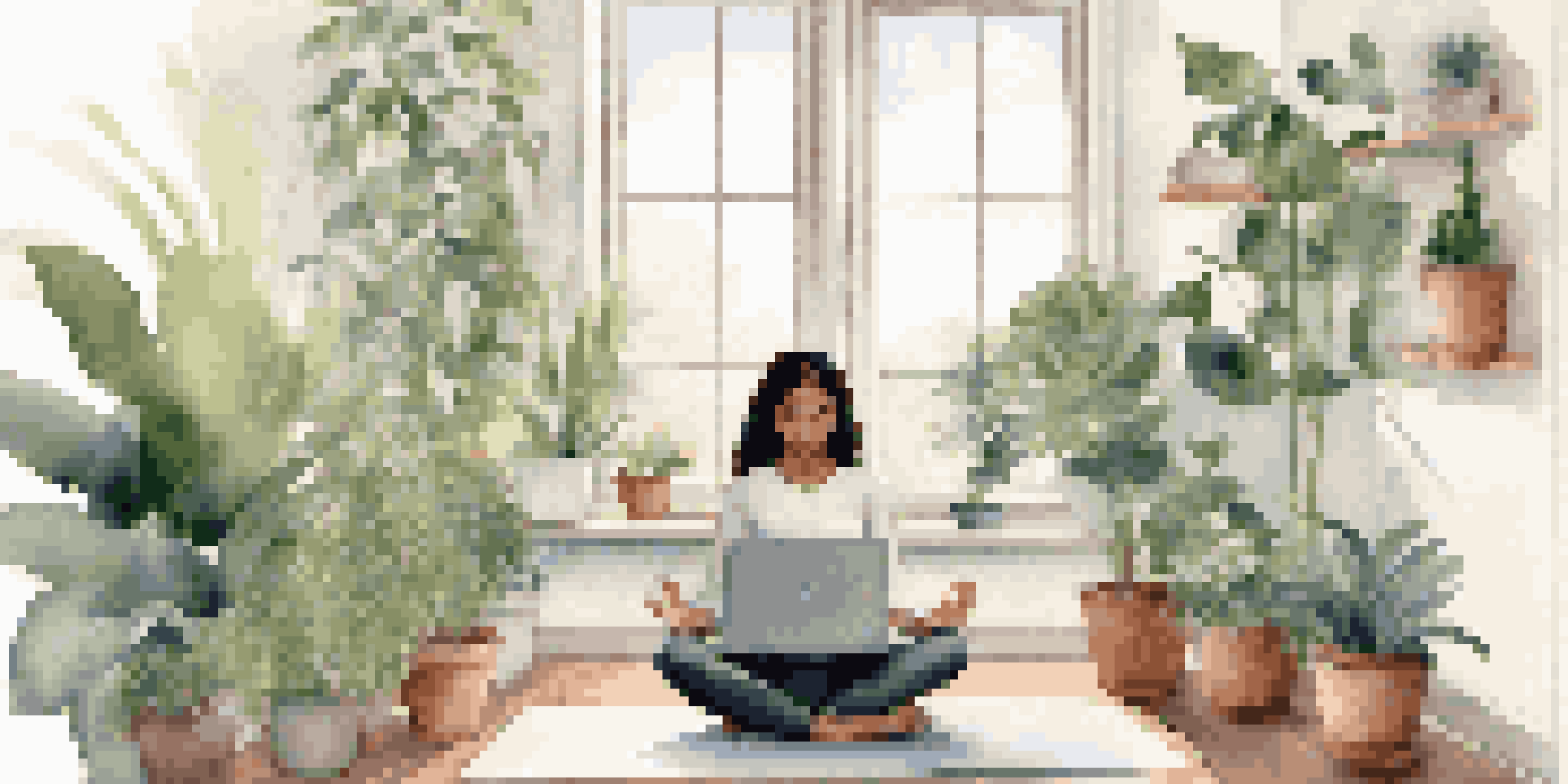A person sitting cross-legged on a yoga mat in a serene workspace, surrounded by plants and natural light, with a closed laptop beside them.