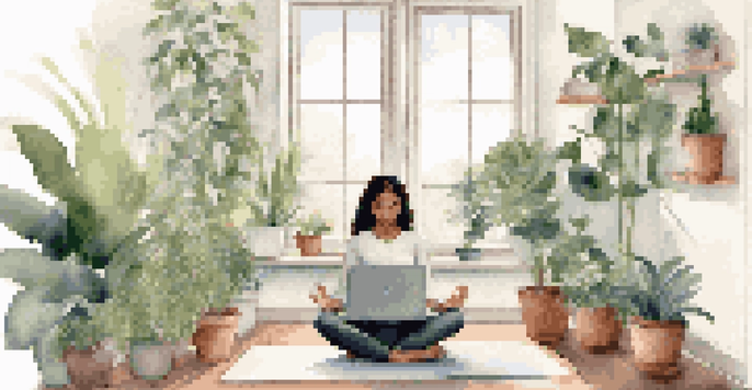 A person sitting cross-legged on a yoga mat in a serene workspace, surrounded by plants and natural light, with a closed laptop beside them.