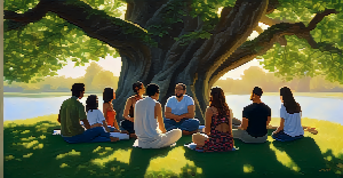 A group therapy session outdoors under a large oak tree, with diverse individuals engaged in conversation in a peaceful setting.