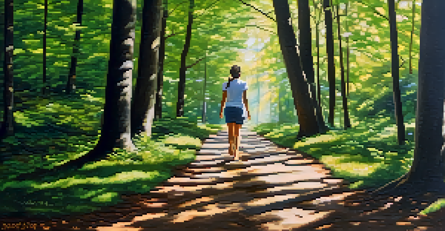A person walking barefoot on a forest path, surrounded by tall trees and sunlight filtering through the leaves, embodying a sense of mindfulness in nature.
