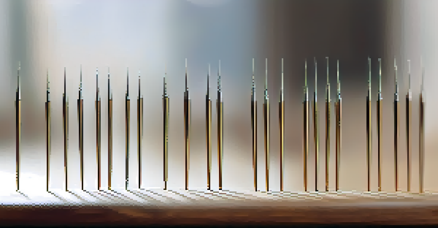A close-up of shining acupuncture needles on a wooden surface, with a softly blurred treatment room in the background.