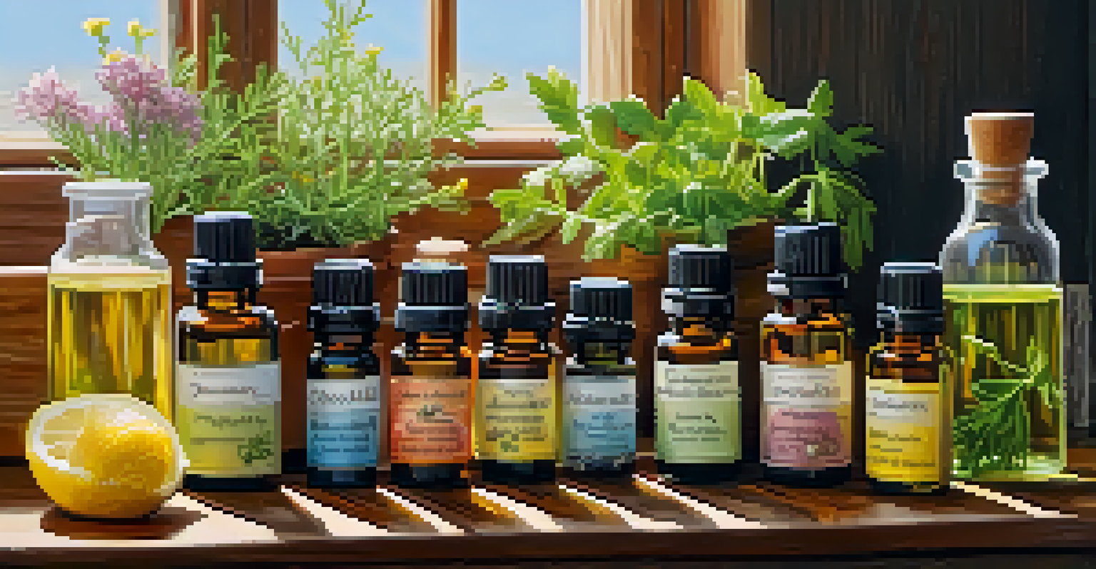 An arrangement of glass bottles of essential oils alongside fresh herbs in warm sunlight.