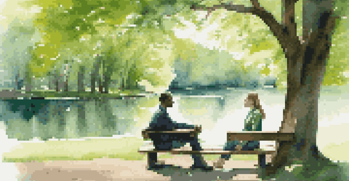 Two people sitting on a bench in a park, engaged in a conversation with a peaceful lake and trees in the background.