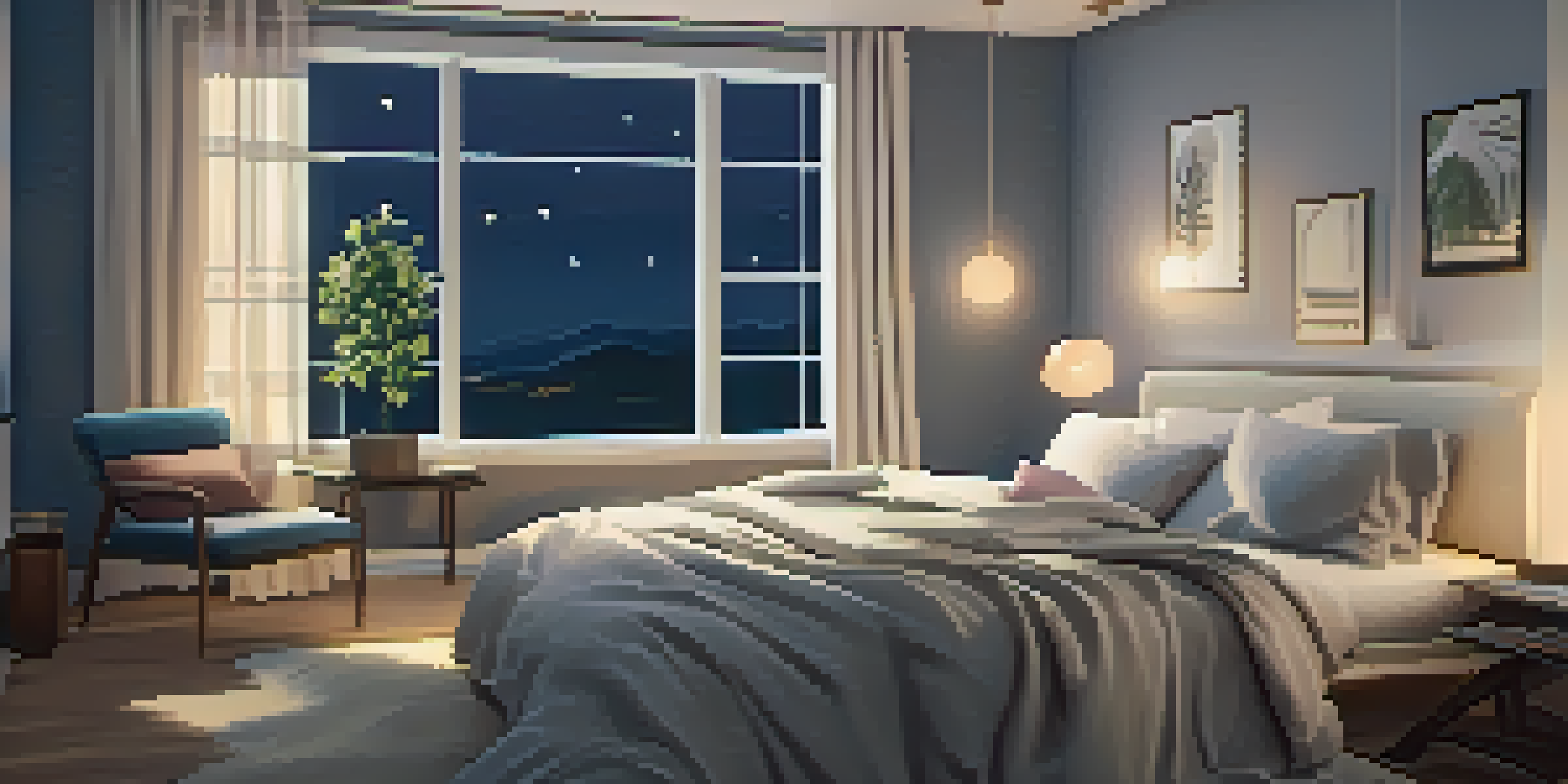 A tranquil bedroom with soft lighting, a cozy bed with pillows, and a bedside table with a plant and book, creating a peaceful atmosphere for sleep.