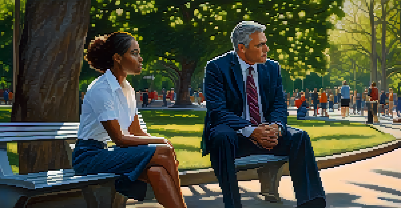 A calm responder actively listening to a distressed woman in a peaceful outdoor park.