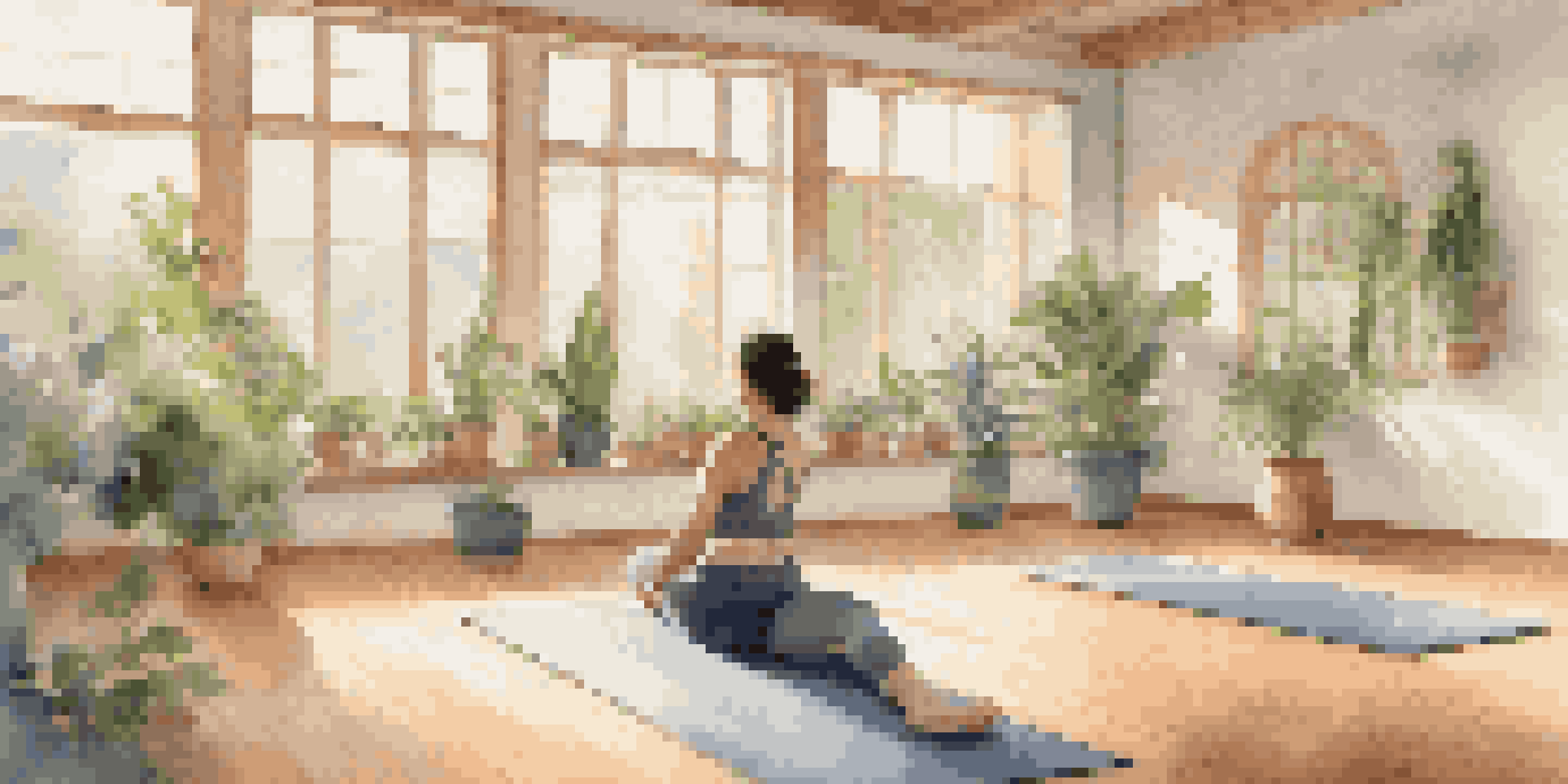An indoor yoga studio with a person practicing mobility exercises on a mat, surrounded by plants and natural light.