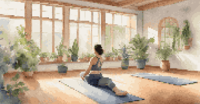An indoor yoga studio with a person practicing mobility exercises on a mat, surrounded by plants and natural light.