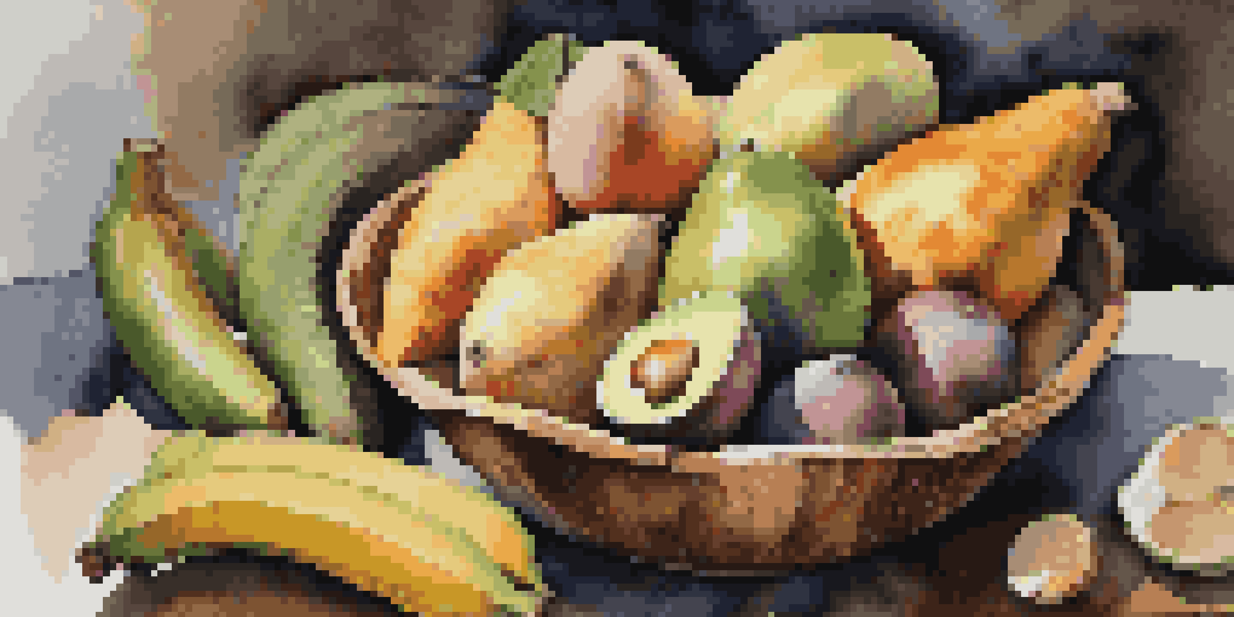 A colorful bowl filled with bananas, avocados, and sweet potatoes on a wooden table, illuminated by soft morning light.