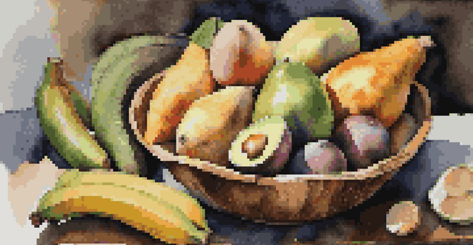 A colorful bowl filled with bananas, avocados, and sweet potatoes on a wooden table, illuminated by soft morning light.