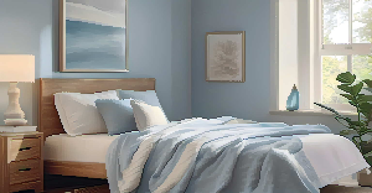 A tranquil bedroom with a made bed and soft lighting, promoting relaxation and sleep.
