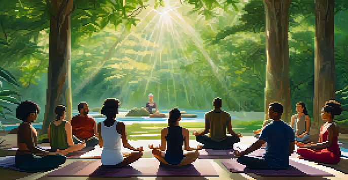 A peaceful gathering of diverse individuals meditating together in a lush green setting, with sunlight filtering through leaves.