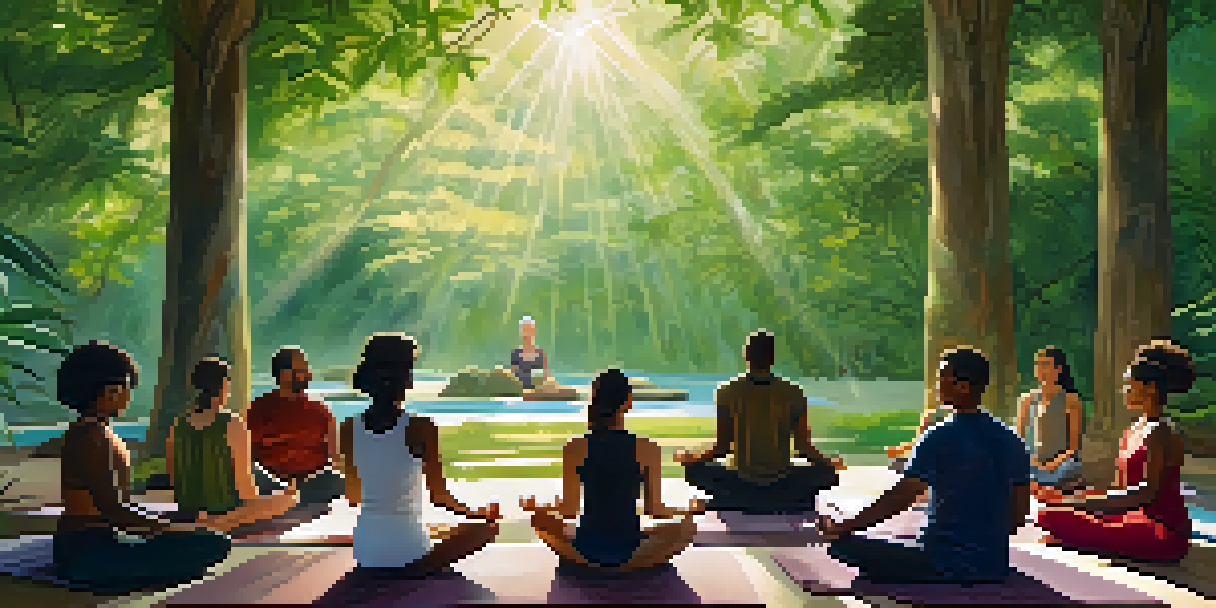 A peaceful gathering of diverse individuals meditating together in a lush green setting, with sunlight filtering through leaves.