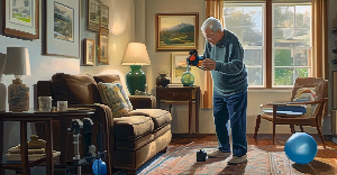 An elderly man exercising in his living room with filled water bottles as weights, surrounded by family photos and a cozy environment.