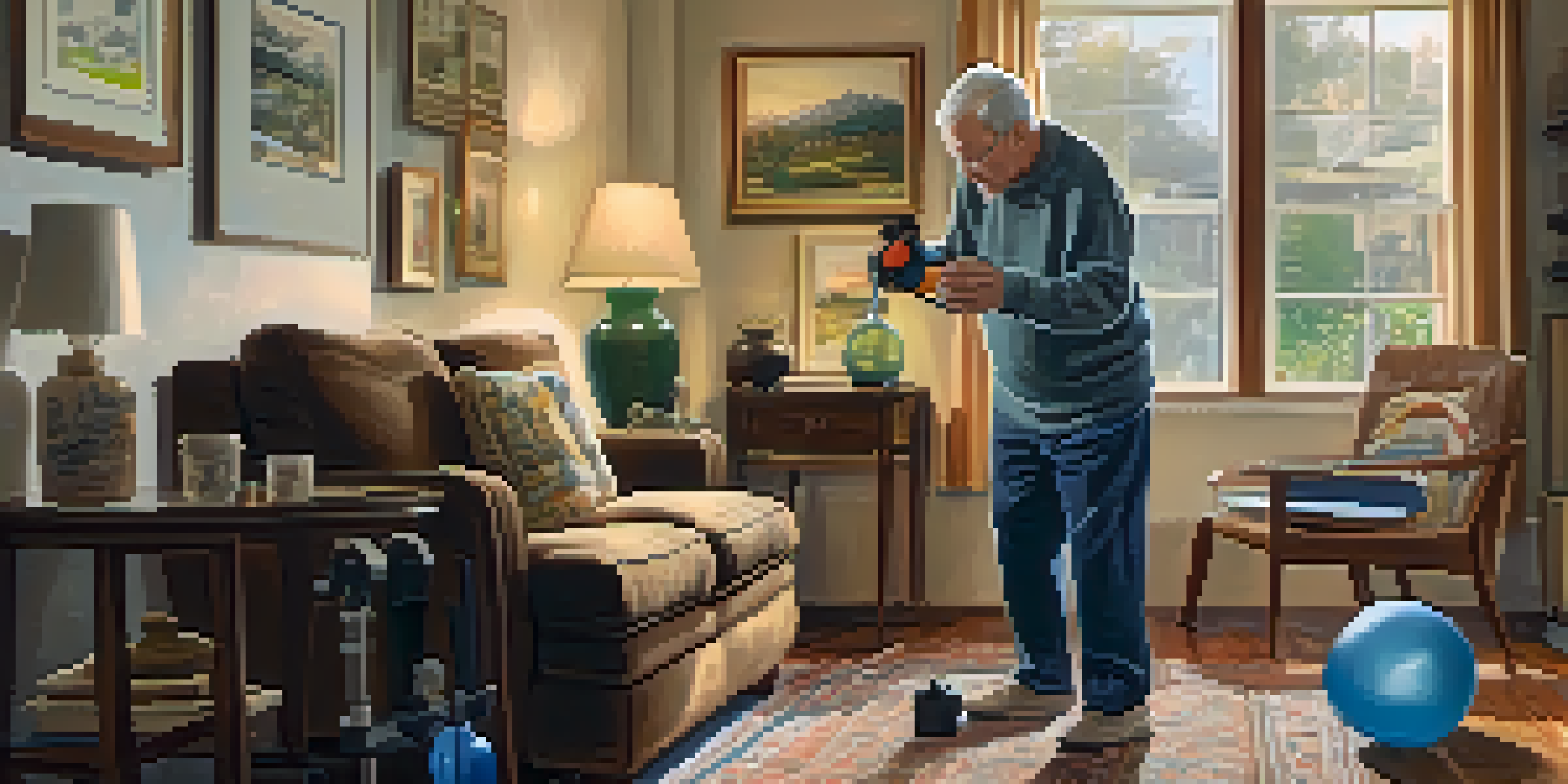 An elderly man exercising in his living room with filled water bottles as weights, surrounded by family photos and a cozy environment.