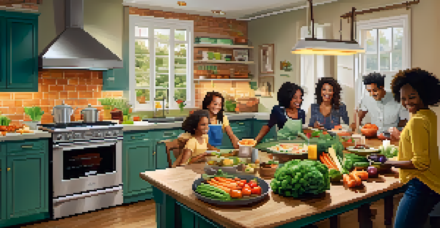 A group of friends cooking together in a bright kitchen filled with fresh ingredients and laughter.