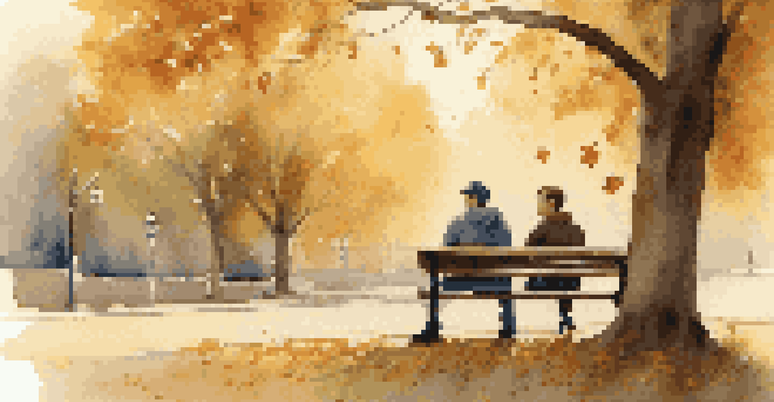Two friends on a park bench having a warm conversation, surrounded by autumn leaves and soft sunlight, illustrating connection and empathy.