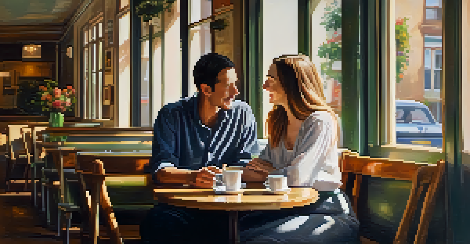 Two people at a café table engaged in a heartfelt conversation, symbolizing relational healing and understanding.