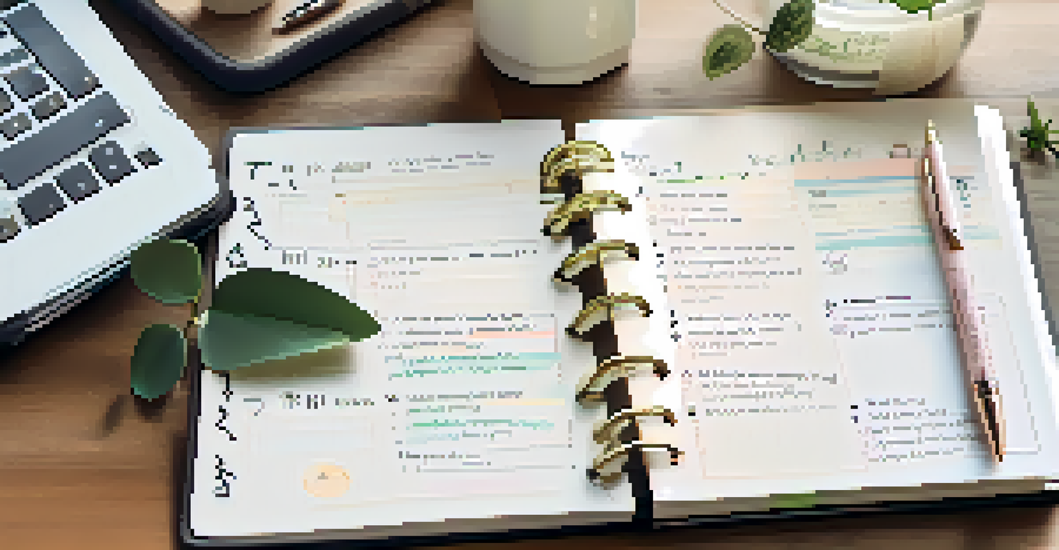 A close-up of an open wellness planner with handwritten goals and notes, surrounded by a pen and a small plant, illuminated by soft morning light.