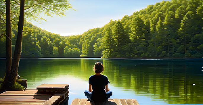 A peaceful lake scene with a person meditating on a dock, surrounded by trees and sunlight reflecting on the water.