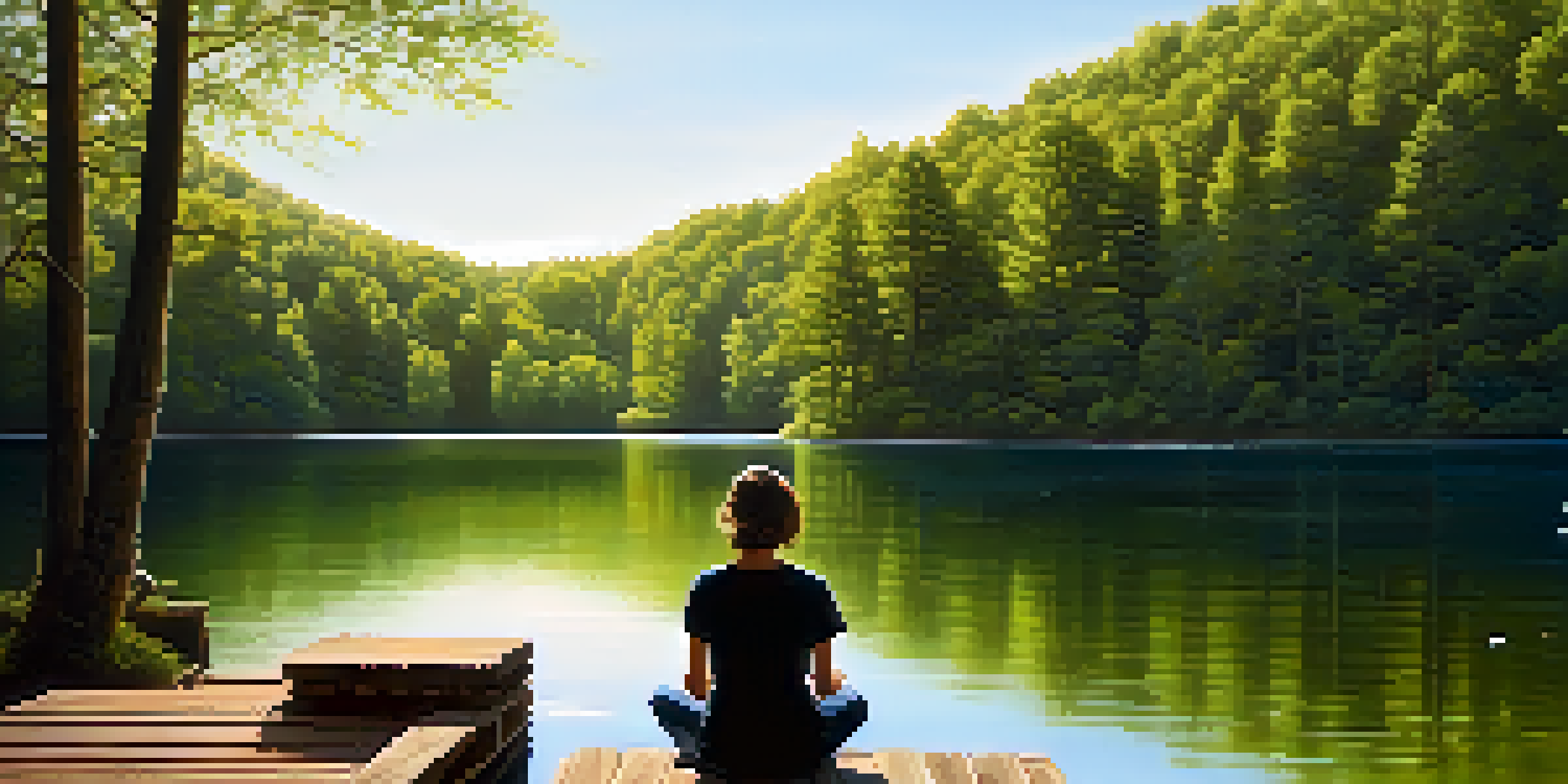 A peaceful lake scene with a person meditating on a dock, surrounded by trees and sunlight reflecting on the water.