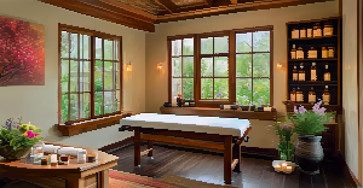 An Ayurvedic spa with a wooden treatment table, herbal oils, and flowers, bathed in natural light, creating a calming atmosphere.