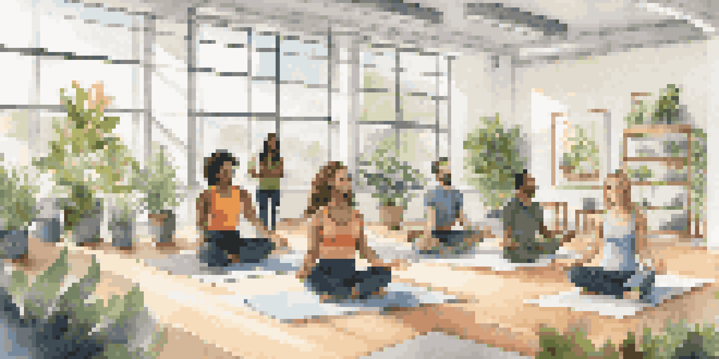 A diverse group of workers participating in a yoga session in a bright office with large windows and plants.