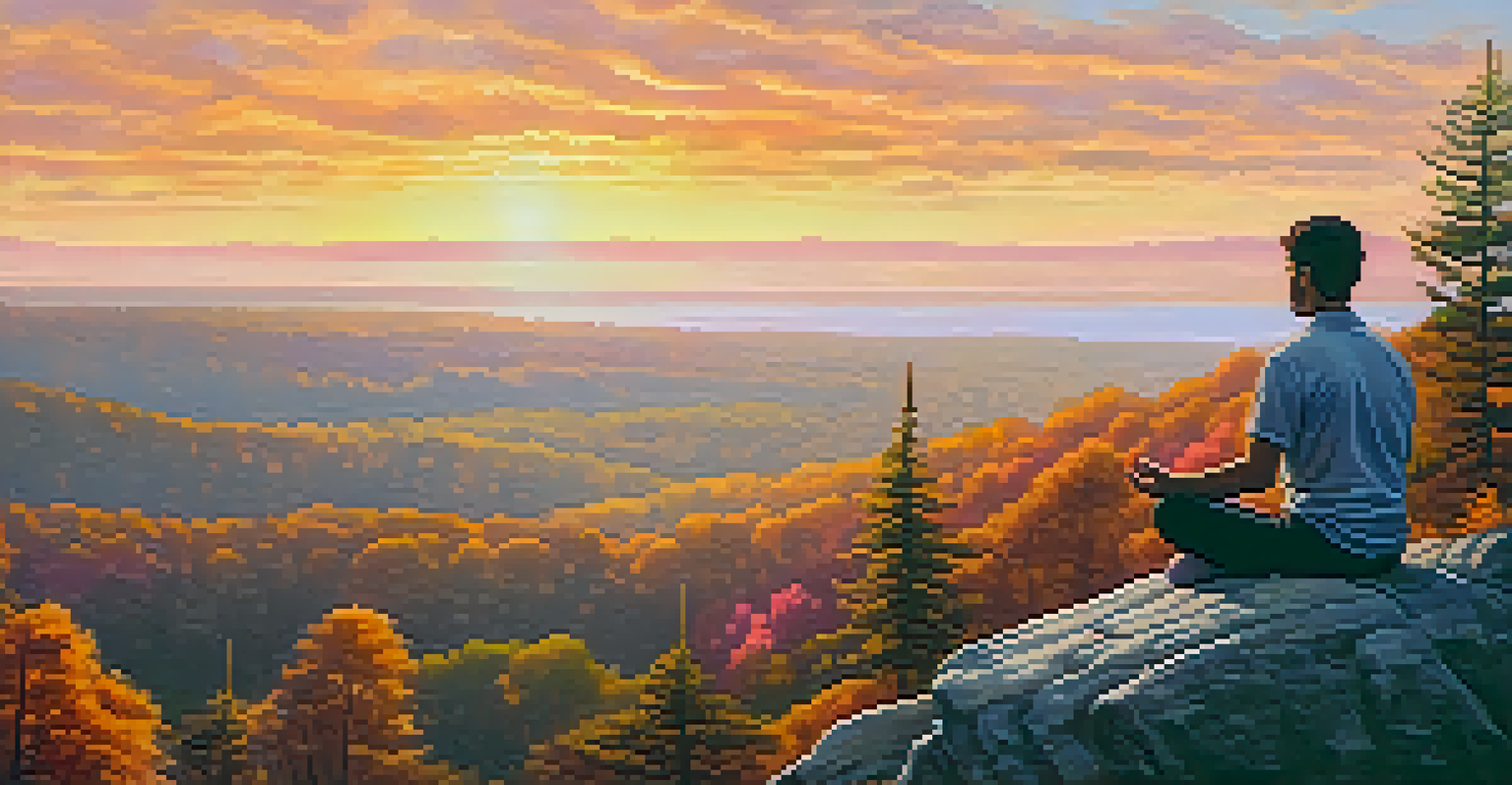 A person meditating on a ledge with a beautiful forest view at sunset.