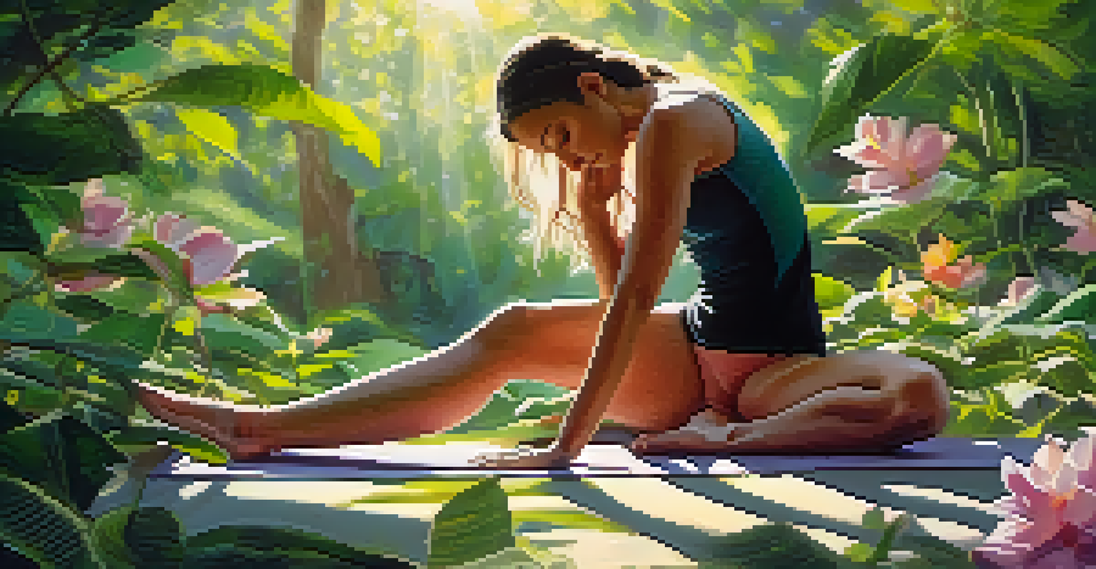 A woman meditating outdoors in a yoga pose, surrounded by greenery and sunlight filtering through leaves.