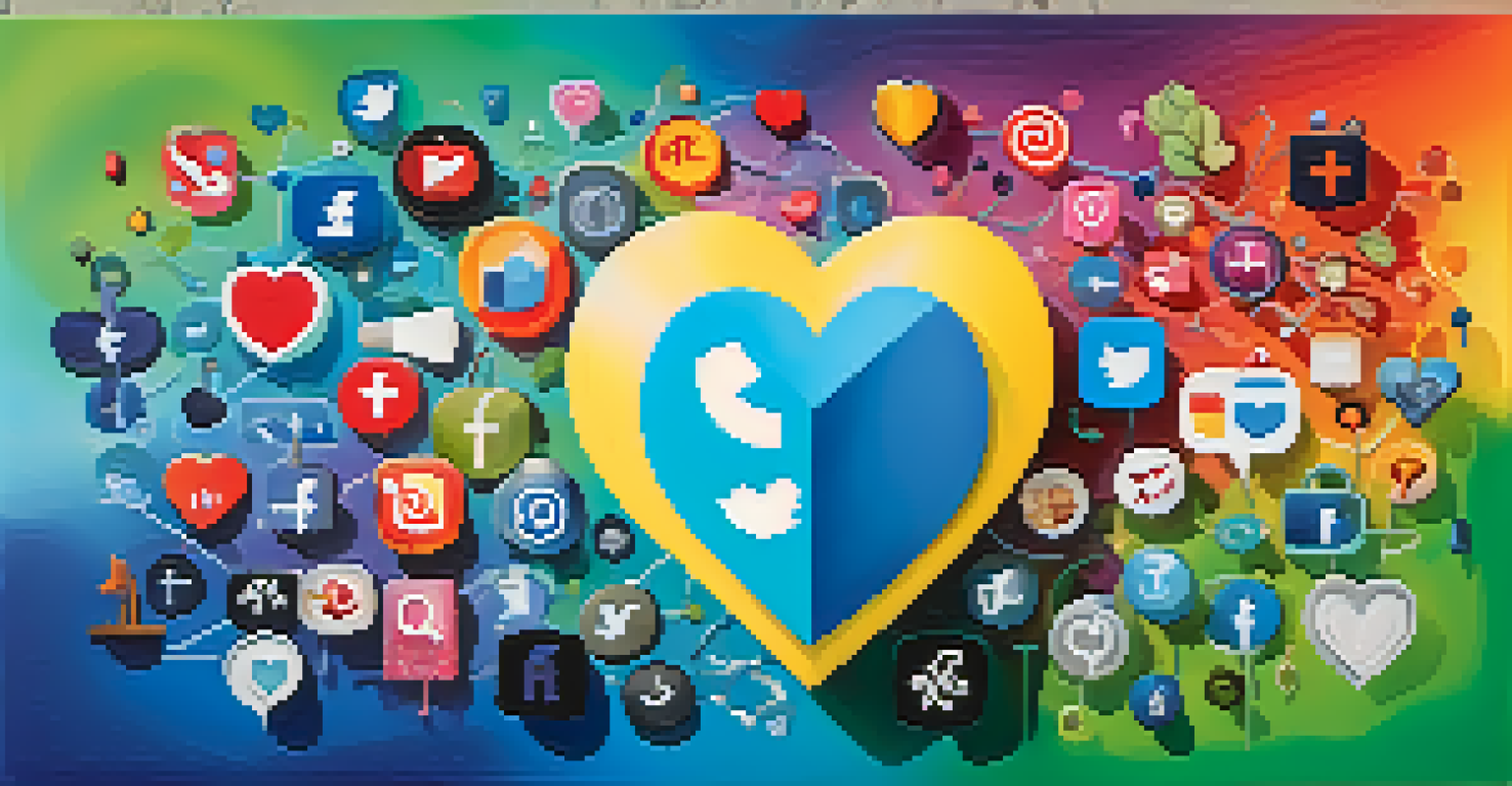 A colorful artistic representation of social media icons and mental health symbols, blending blues and greens.