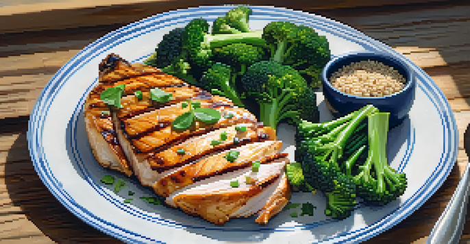A plate of grilled chicken, steamed broccoli, and quinoa arranged for a healthy meal, with measuring tools in the background.