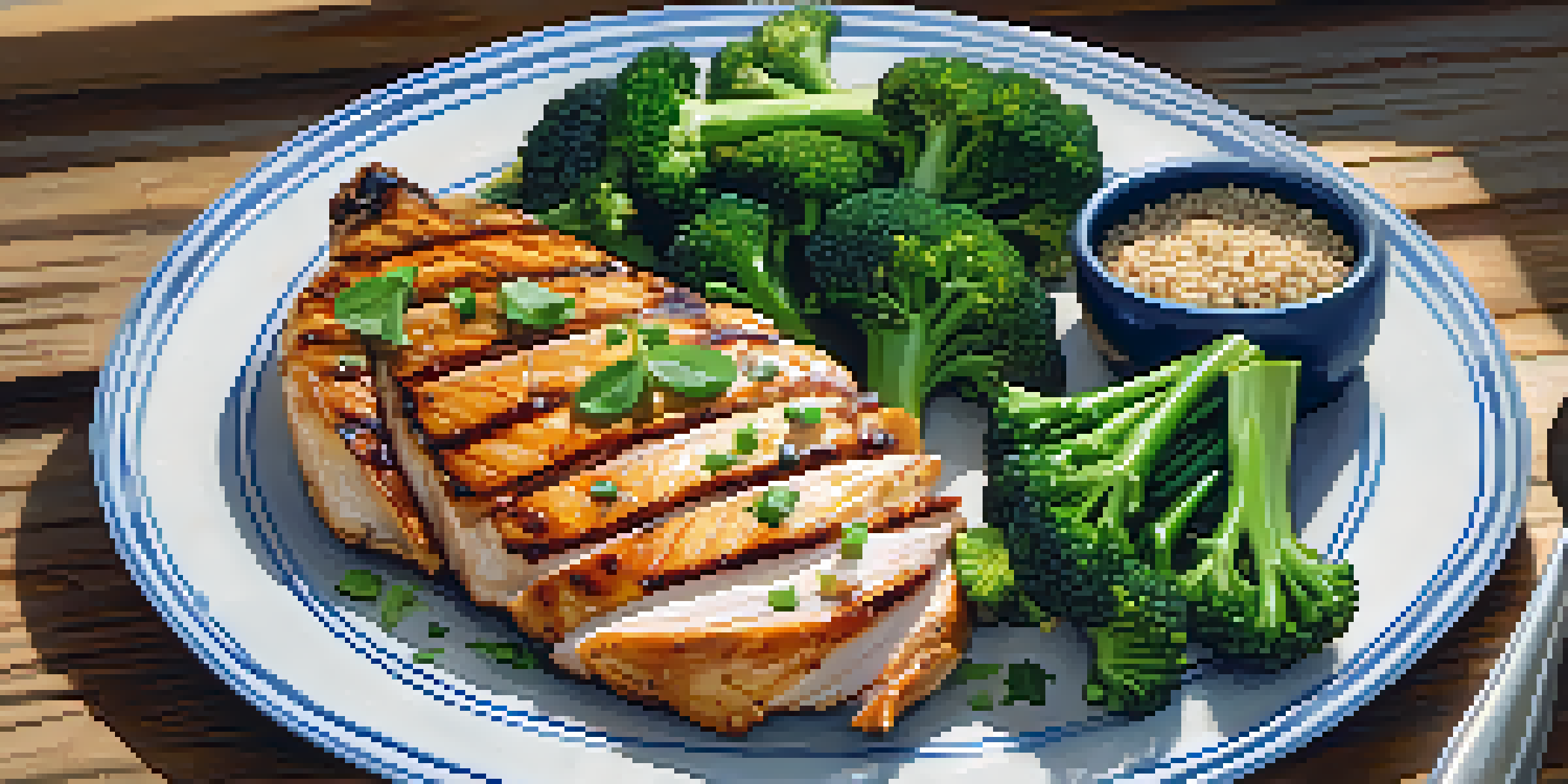 A plate of grilled chicken, steamed broccoli, and quinoa arranged for a healthy meal, with measuring tools in the background.